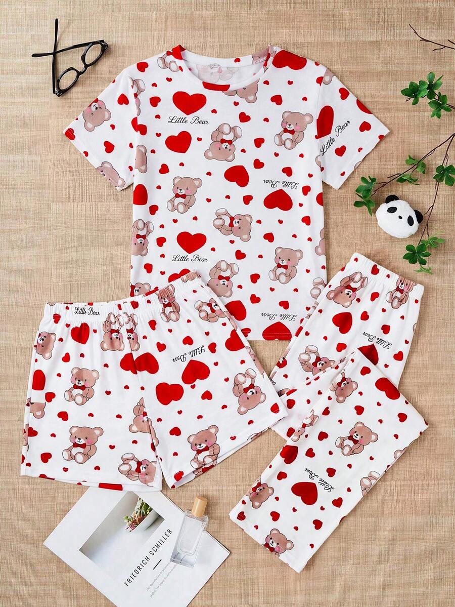 SHEIN Cotton Line 女士可爱卡通熊爱心印花红色休闲短袖圆领上衣+长裤+短裤三件套睡衣套装 - 紅色 - 查看 1