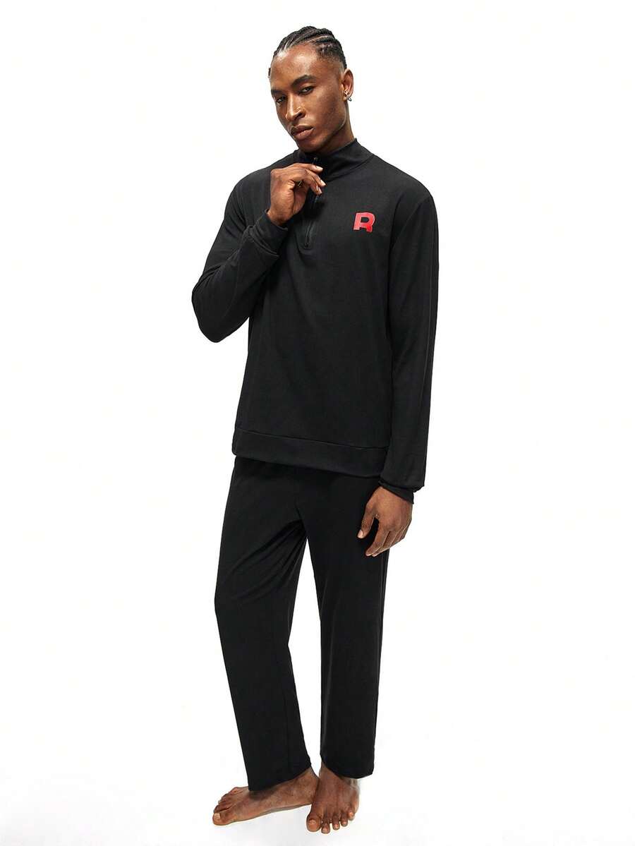 Rest Era Casual Loungewear Set, With A Mock Neck Half-Zip Top Featuring A Red "R" Logo On The Chest, Paired With Black Long Pants. The Overall Design Is Simple And Practical, With A Sporty Casual Style. - Black - View 1