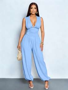 SOLERSUN Bộ jumpsuit nữ thanh lịch không tay cổ chữ V sâu, eo nhún bèo, dáng suông, kiểu đèn lồng. - Màu xanh nhạt - Xem 4