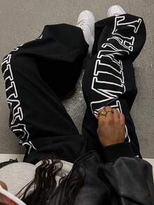 SAYEHFBABY 女款街头风格字母印花松紧腰阔腿裤 - 黑色 - 查看 3
