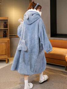Women's Cozy Shark Themed Coral Fleece Robe - Cute, Thick, Warm Winter Loungewear With Pockets,Comfortable Flannel, A Must-Have For Halloween And Christmas, Nightgown, Warm And Cold-Proof - Multicolor - View 3