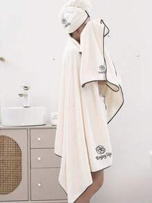 Toalla de baño suave y absorbente de 90 * 180 cm + Gorro de ducha de 25 * 65 cm para damas - Juego de 2 toallas de baño y gorro de ducha extragrandes bordados en blanco - Ver 5