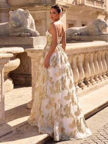 Glamrae 优雅奢华提花缎面露肩无肩带修身高开衩长裙，适合节日、婚礼、晚宴、音乐会、商务活动、网红活动等场合。 - 彩色 - 查看 3