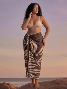 CAJUNI Plus Size Women Leaf Print Casual Beach Cover Up & Skirt Set - Brown - View 5