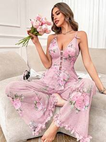 Slumberist Heart Diamond Buckle Jacquard Jacquard Camisole & Pants Pajama Set - Baby Pink - View 4