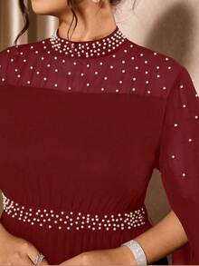 Cravure Vestido elegante de manga extra larga con cuello alto y decoración de perlas para mujer de talla grande - Burdeos - Ver 7
