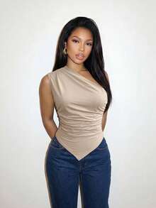 Slaydiva Lễ hội âm nhạc mùa xuân và mùa hè, Ngày lễ tình nhân, Lễ Phục sinh, Mùa cưới, Mùa lễ hội, Phong cách thường ngày và thanh lịch, Đi làm, Mặc hàng ngày, Áo trễ vai không tay xếp ly vạt chữ V - Màu be - Xem 10