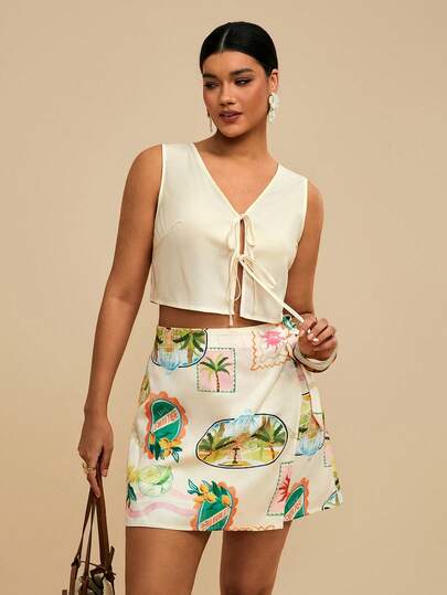 Travachic Women's Plus Size V-Neck Sleeveless Cardigan Vest Top With Bow Tie Front And Short Skirt Set, Elegant Vacation Beach Holiday Spring Summer Outfit Women's Set Summer Outfits For Women Vacation Outfits Women Two Piece Set Women Holiday Outfits For Women Beach Outfits For Women Women's Cruise Outfit