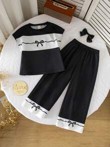 SHEIN 女童蝴蝶结印花撞色圆领T恤和裤子休闲套装 - 彩色 - 查看 3