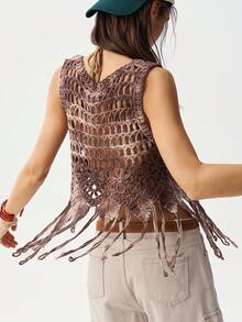 Bohemela Áo dệt kim mùa hè tua rua không đều, áo khoác ngoài gợi cảm khoét lỗ thoải mái cho kỳ nghỉ, áo vest cổ tròn thời trang phối màu ombre. - Cà phê nâu - Xem 7
