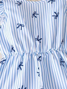 Elladie kids 女童蓝白条纹荷叶边无袖连体衣，优雅舒适的夏季服装 - 藍色 - 查看 6