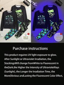 Tween BoyBlack Base Minimalist Blue Print Long Sleeve & Pants Snug Fit Loungewear Set - Multicolor - View 3