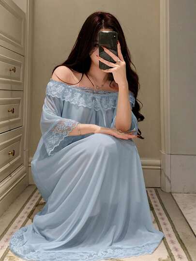 DAZY Lace Patchwork Off-Shoulder Loose Nightgown, Women Sleepwear Dress