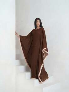 Veilorie Đầm suông cổ tròn tay dài họa tiết chắp vá màu trơn thanh lịch cho nữ - màu nâu - Xem 6