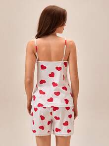 Loomlin Bộ đồ ngủ 2 mảnh in hình trái tim dành cho nữ, áo hai dây viền ren và quần short, chất liệu cotton. - Đỏ và trắng - Xem 2