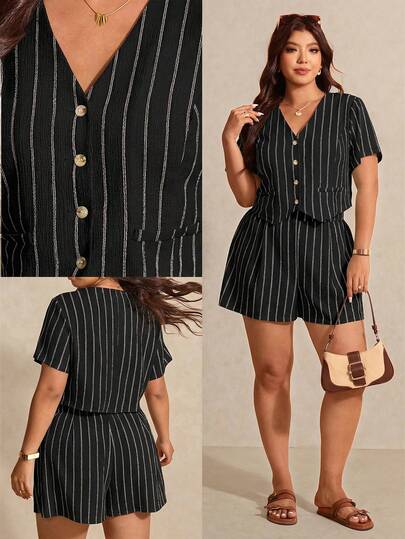 Elaquor Bộ đồ nữ cỡ lớn kẻ sọc tay ngắn cài một hàng cúc và quần short, kiểu dáng thường ngày, gồm 2 món.