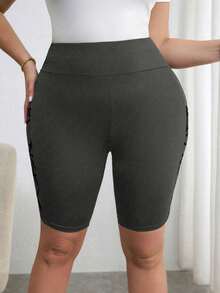 SHEIN Essnce Quần short ôm dáng họa tiết hình học phối nhiều mảnh dành cho nữ cỡ lớn. - Xám - Xem 5