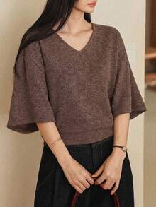 DAZY Women's Solid V-Neck Casual Versatile Daily Wear Short Sleeve T-Shirt Summer Business Casual Woman - Rust Brown - View 6