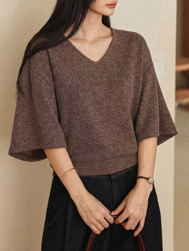 Women's Solid V-Neck Casual Versatile Daily Wear Short Sleeve T-Shirt