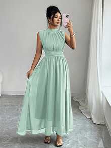 Elenzga 女士春夏法式浪漫西西里优雅休闲通勤度假下午茶派对纯色雪纺立领宽松交叉系带A字蝴蝶结无袖有衬里长裙 - 薄荷綠 - 查看 8