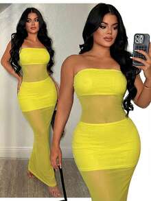 Vestido transparente de unicolor sin tirantes y sin mangas, sexy - amarillo ganso - Ver 5