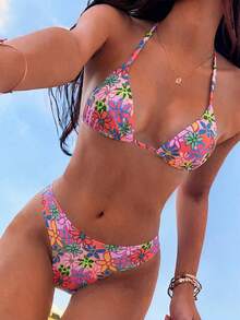 Swim Mod Bộ bikini hai mảnh buộc dây cổ yếm in hoa dành cho nữ năm 2026, thích hợp cho mùa xuân/hè. - Nhiều màu - Xem 1