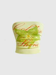 ROMWE Avant Atasan Tube Berkerut Seksi Musim Panas untuk Wanita dengan Motif Buah Nanas dan Bintang, Dekorasi Rhinestone. - Kuning - View 1
