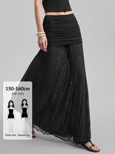 Ontre Petite 2026 New Women's Summer Loose Fit Black Patchwork Design Casual Midi Skirt, Suitable For Outdoor, Office