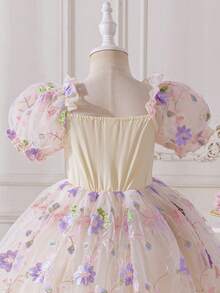 Glamorique Kids Baby Purple Summer Flower Girl Young Girl Princess Elegant Embroidered Dress,Luxurious Party Gown,French Petal Sleeve Floral Embroidery Tulle Skirt - Apricot - View 8