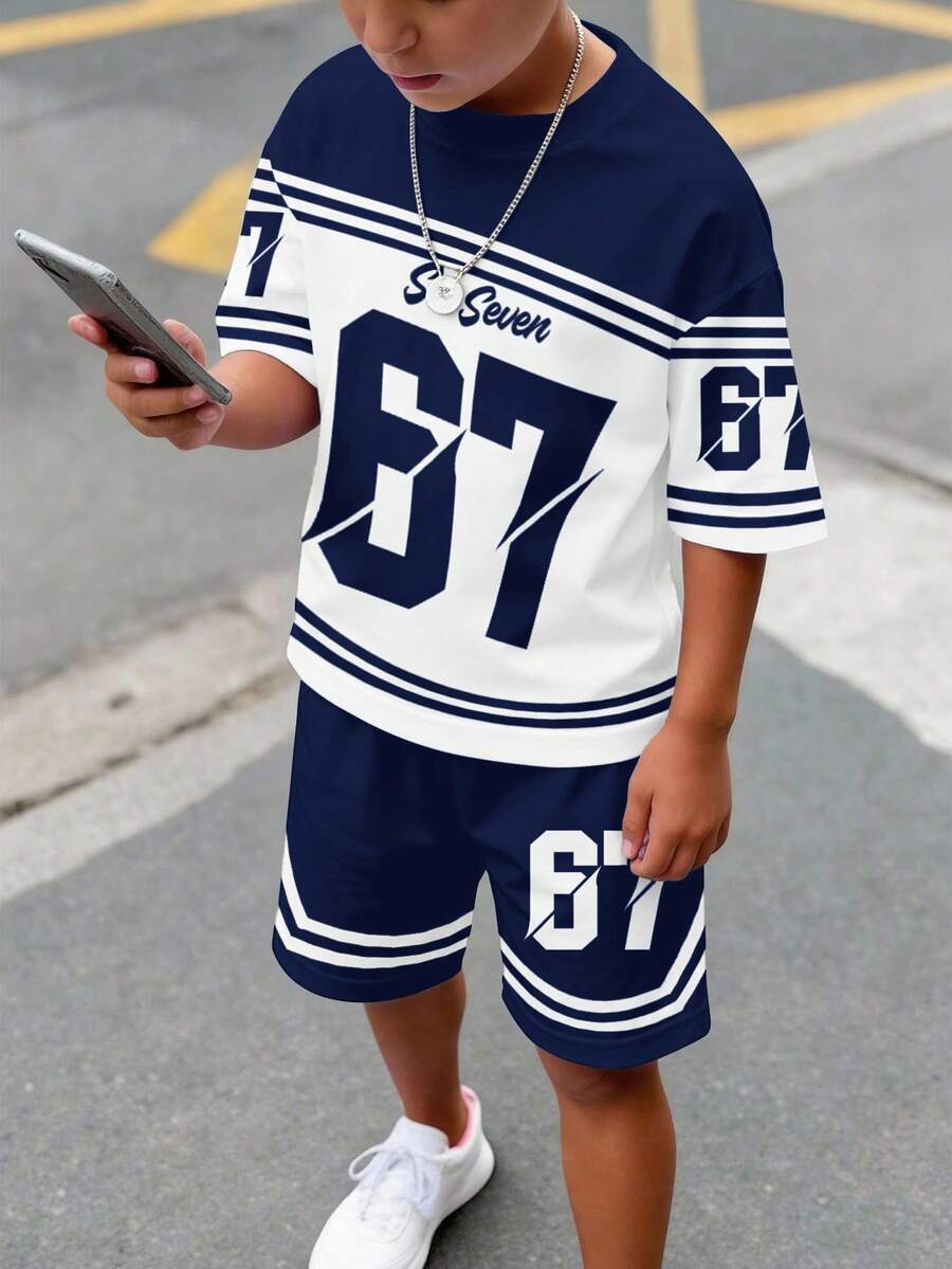 Teen Boy Casual Minimalist Short Sleeve Crew Neck T-Shirt And Shorts Set, Suitable For Summer - Multicolor - View 1