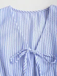 Sweetra Tall Conjunto de top sin mangas con cuello en V y cintura anudada, y pantalones de pierna ancha, conjunto informal de gasa a rayas tipo burbuja para mujeres altas, primavera/verano - Azul y blanco - Ver 6