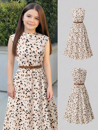 SHEIN Vestido casual sin mangas con estampado de leopardo tejido para niña preadolescente, vestido largo con cuello alto, cintura acampanada y línea A para niña preadolescente, vestidos marrones para adolescentes y jóvenes, vestidos bonitos para niña preadolescente de 14 años, vestidos casuales para niña