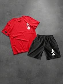 Manfinity Homme 2pcs/Set Men's Casual Playing Card Print Short Sleeve T-Shirt And Drawstring Waist Shorts - Multicolor - View 2