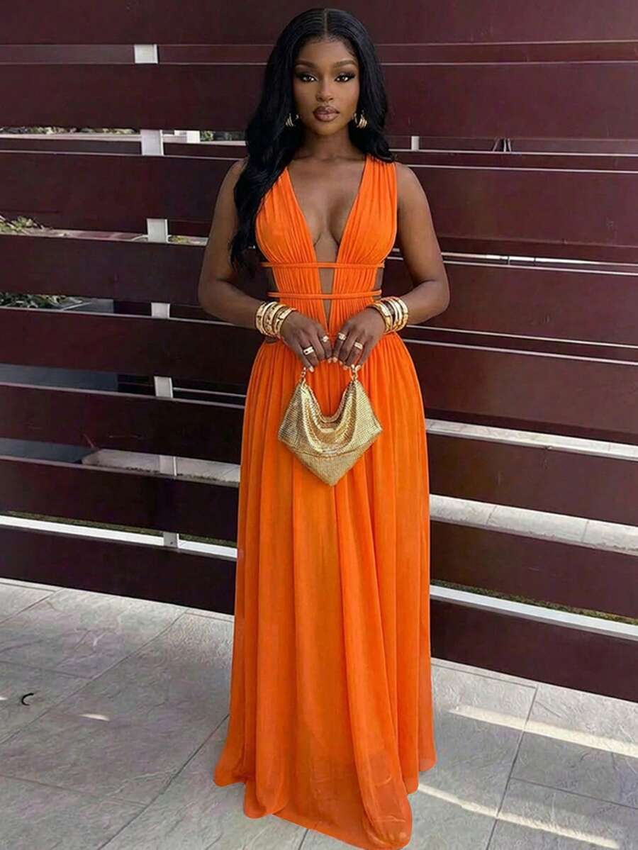BamGleam V领无袖镂空褶皱连衣裙，橙色沙滩度假飘逸连衣裙，修身显瘦 - 橘色 - 查看 1