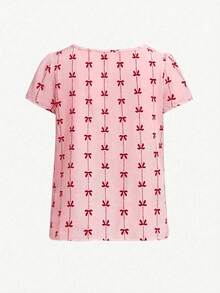 SHEIN LUNE 女士时尚蝴蝶结印花圆领衬衫，适合外出穿着 - 粉色 - 查看 2