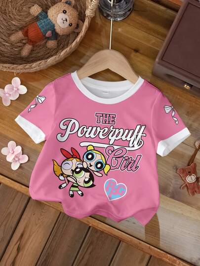 THE POWERPUFF GIRLS X SHEIN Baby Girl Cartoon Print Round Neck Short Sleeve T-Shirt, Cute & Versatile