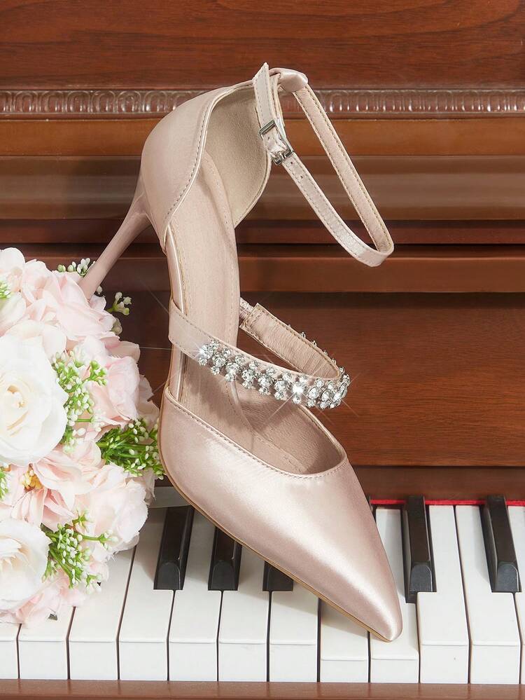 CUCCOO HITCHD Women Shoes New French Sexy Pointed Toe Hollow High Heels Fashion Low Vamp Satin Rhinestone Dress Party Bridal Wedding Shoes