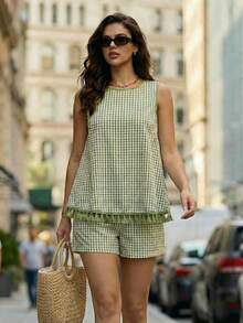 GlowEve CURVE Blusa sin mangas con estampado a cuadros y flecos, vestido casual de verano para mujer, vestido de verano verde, vestido casual de verano para mujer, vestido estilo cottage, blusa con estampado de guinga, blusa a cuadros para mujer, blusa casual para mujer, blusa sin mangas con flecos - Multicolor - Ver 9