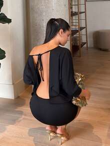 leahseptember Women's Solid Color Backless Sexy Asymmetric Shoulder Long Dress Party - Black - View 5