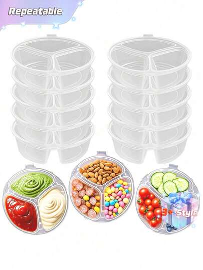 Conjunto de 20 Recipientes Reutilizáveis para Lanches, Recipientes de Condimento com 3 Compartimentos e Tampas, Pequenos Recipientes Reutilizáveis para Molhos e Armazenamento