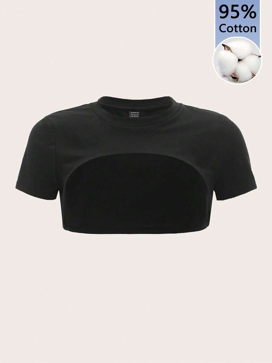 SHEIN ICON Women's Solid Color Short Sleeve High-Low Hem Cropped T-Shirt,Summer Top