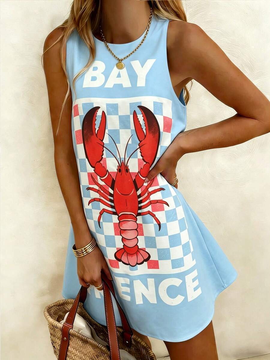 Vaclyn Đầm nữ không tay cổ tròn in hình tôm hùm, thích hợp cho kỳ nghỉ. - Nhiều màu - Xem 1