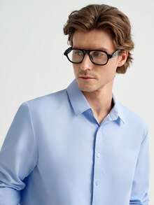 MENRIVO Solid Color Front Button Long Sleeve Shirt, For Fall - Baby Blue - View 6
