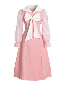 Elladie kids Đầm hè thời trang thanh lịch kiểu quý tộc dành cho bé gái tuổi teen, điểm nhấn là nơ 3D, phối 2 chất liệu chiffon, tay dài, thắt eo, phù hợp mặc hàng ngày, dự tiệc và biểu diễn. - Hồng - Xem 5