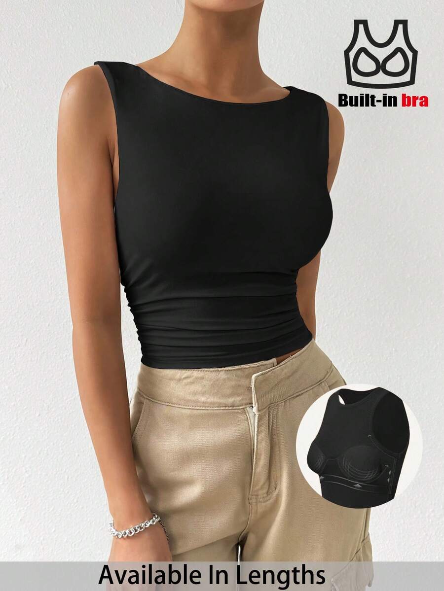 SHEIN PETITE CURVE Áo camisole mùa hè cỡ lớn, màu trơn, kiểu dáng xếp ly, ôm sát, thường ngày. - màu đen - Xem 1