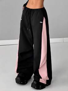 SHEIN PETITE CURVE 大码女式夏季音乐会街头风撞色降落伞裤 - 粉色 - 查看 3