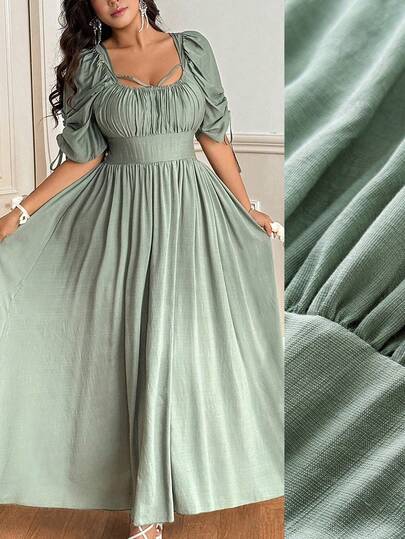 Vionelle Vestido largo de línea A con cuello cuadrado, puños con lazo, cintura ceñida y mangas con volantes para mujer