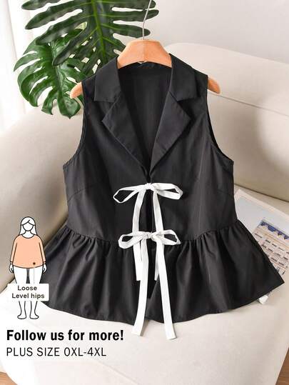 CosyJoli Chaleco de mujer talla grande con cuello de solapa, lazo delantero y dobladillo con volantes con efecto jaspeado