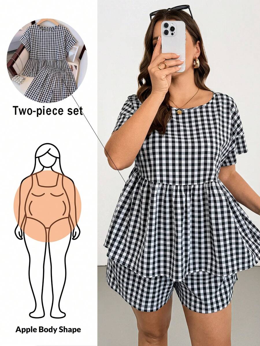 Shapeblank 大尺碼女款格紋圓領短袖上衣與短褲休閒套裝 - 黑與白 - 查看 1