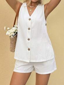 SHEIN 2 piezas Conjunto de chaleco de maternidad de cuello en V de abotonadura sencilla y pantalones cortos de mezclilla - Blanco - Ver 5